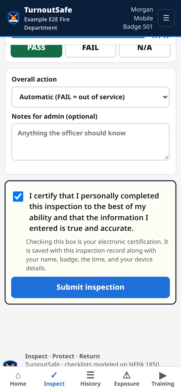 Inspection certification checkbox above the Submit button