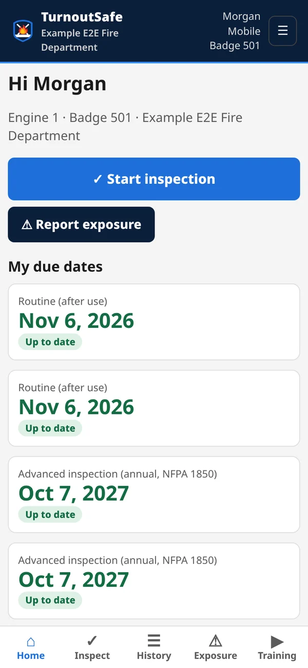 Member home screen showing when each inspection is due