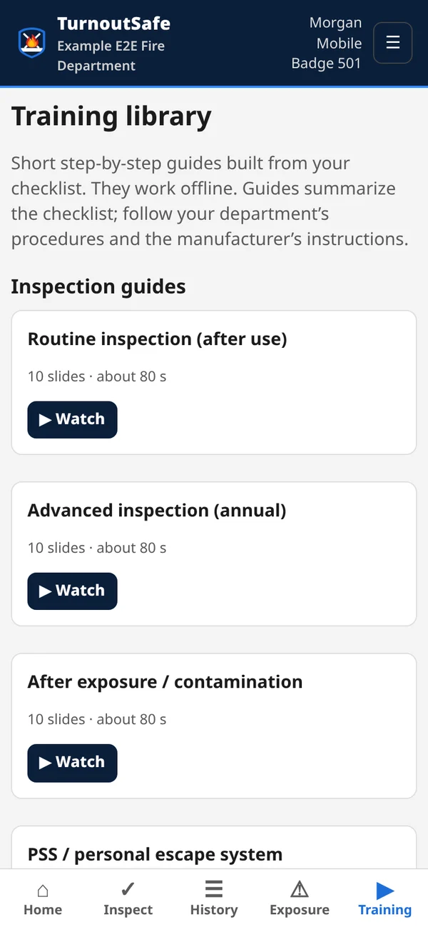 Training library with inspection guide videos